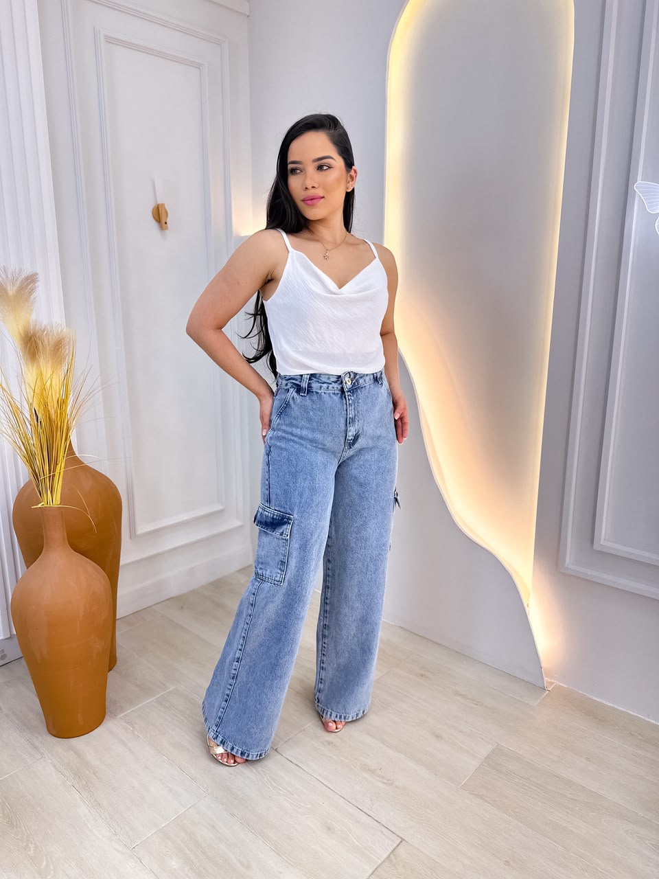 Calça Cargo Marmorizado clara perna Larga 100% algodão.